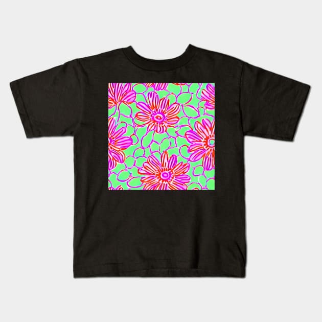 Pink and green preppy flowers and lattice Kids T-Shirt by SophieClimaArt